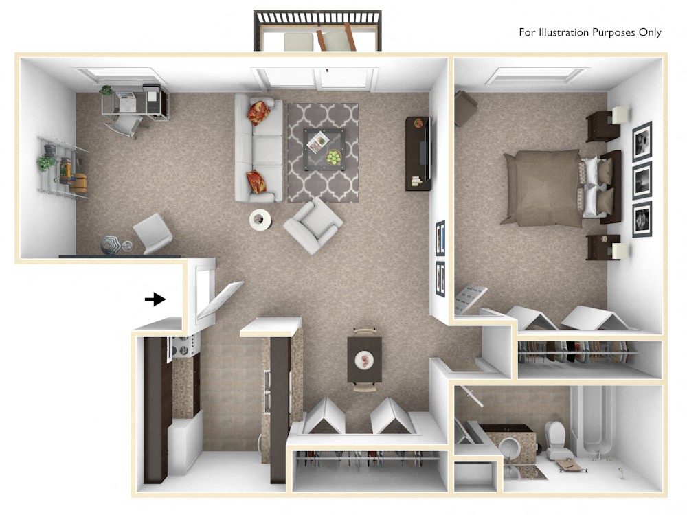 Floor plan for 1 bed, 1 bath, 630 sqft